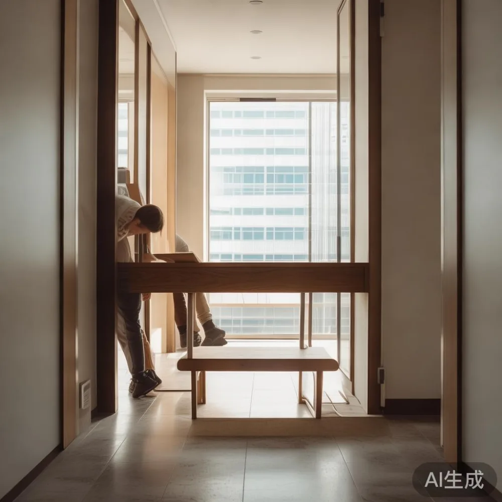 문 폭 80cm 현관으로 원목 커피 테이블 상판을 세워 반입하는 모습