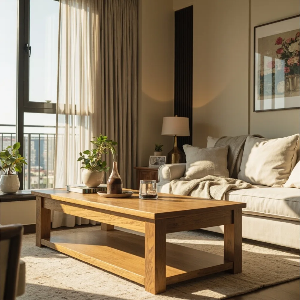 photorealistic natural-light photo of a Korean apartment living room with a solid oak coffee table, ivory linen sofa, warm beige walls, and a compact French luxury interior, no text, no people faces, film grain