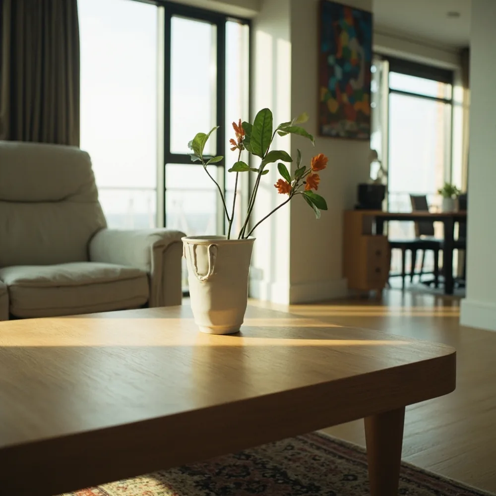 photorealistic natural-light photo of a Korean office apartment with an American luxury oak coffee table, thick tabletop, open living room proportions, subtle humidity-safe spacing from the window, no text, no people faces, film grain