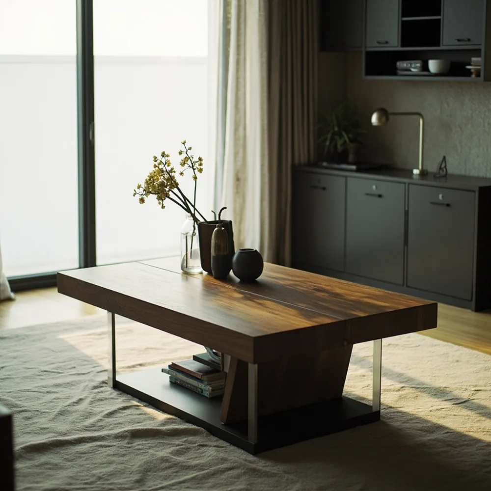 photorealistic natural-light photo of a small Korean apartment living room with a postmodern asymmetric coffee table, walnut and brushed metal details, charcoal accent cabinet, soft daylight, no text, no people faces, film grain