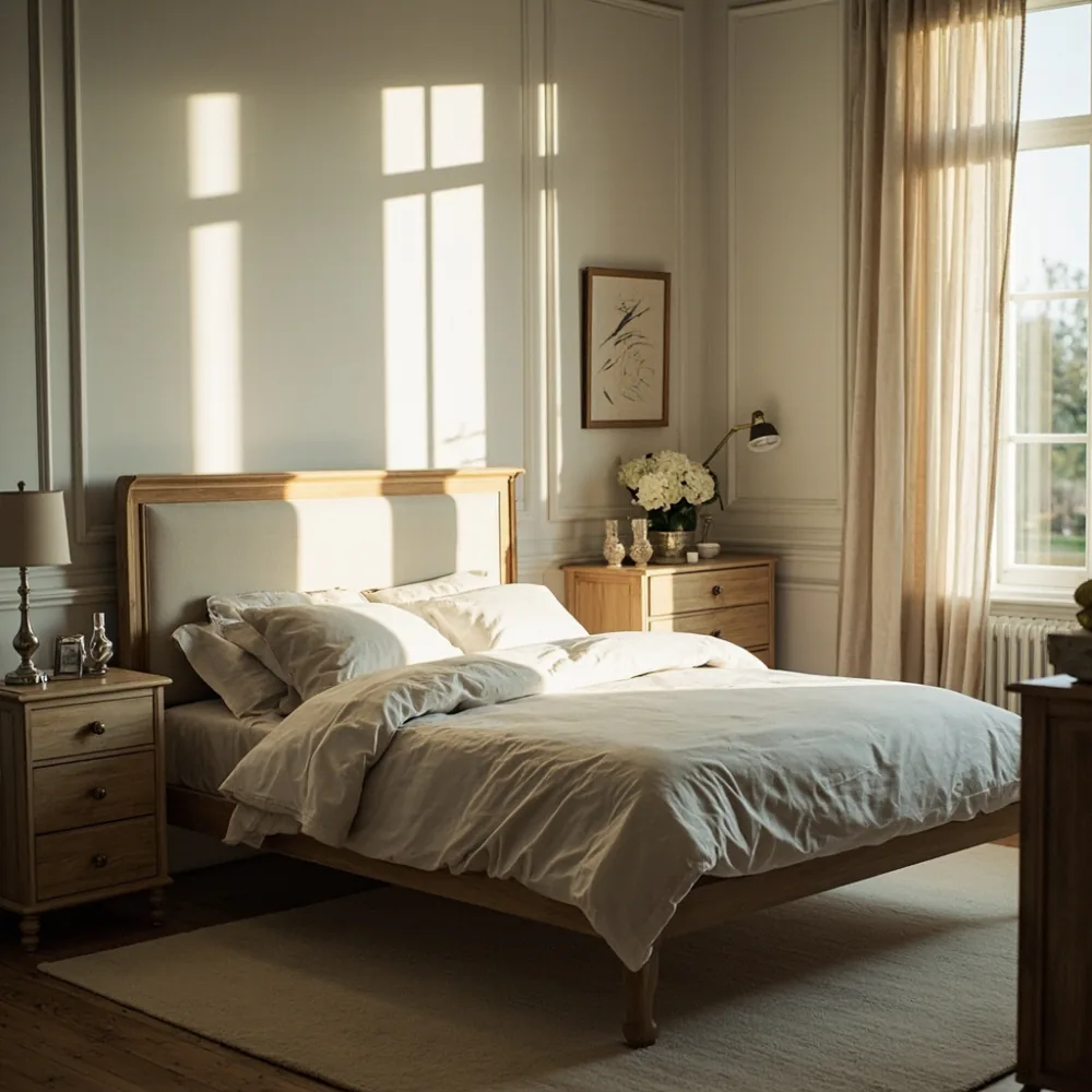 프렌치 럭셔리 원목 침대 프레임과 협탁 morning soft light