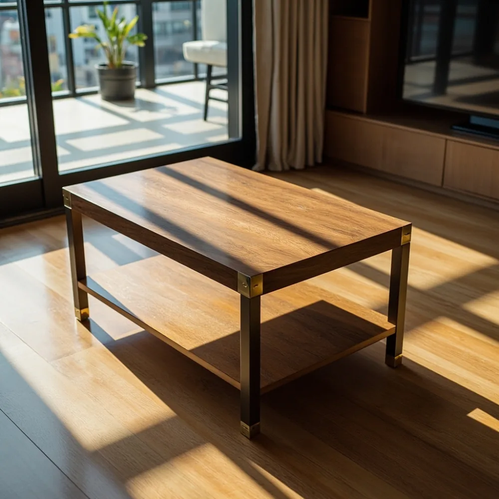 서울 강남 아파트 거실의 아메리칸 럭셔리 월넋 헤비급 커피 테이블 130x70cm, 브라스 디테일과 오후 자연광이 원목 결을 드러내는 샷
