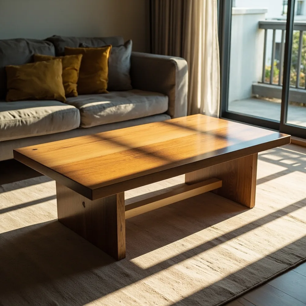 110x60cm 체리 원목 아메리칸 럭셔리 커피 테이블이 32평 마곡 아파트 거실에 배치된 오후 자연광 컷