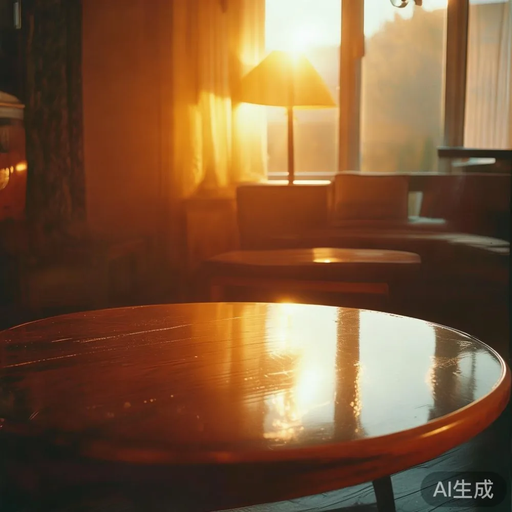 한국 여름철, 라카(고광택 도장) 원목 커피 테이블을 10년 이상 지키는 관리법 — room setting at dusk with warm lamp light, film 